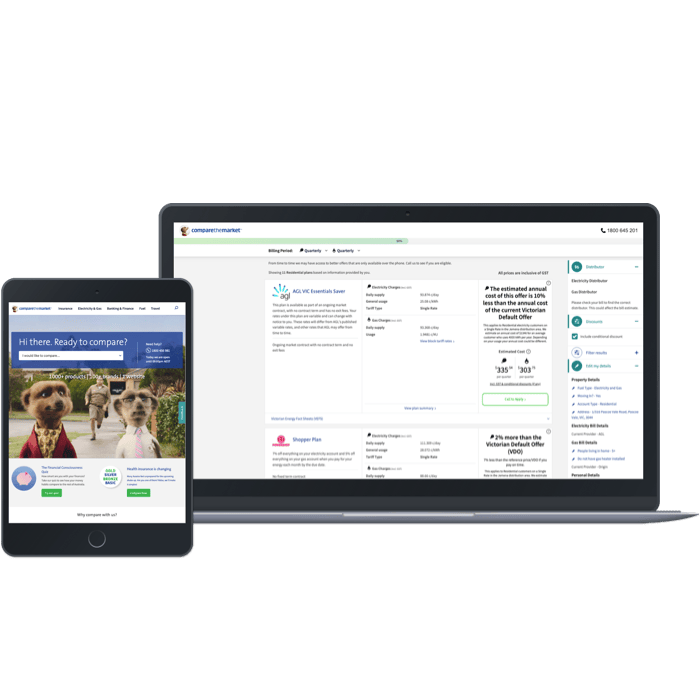 A tablet and laptop showing a Compare the Market results page with quote comparison panels.