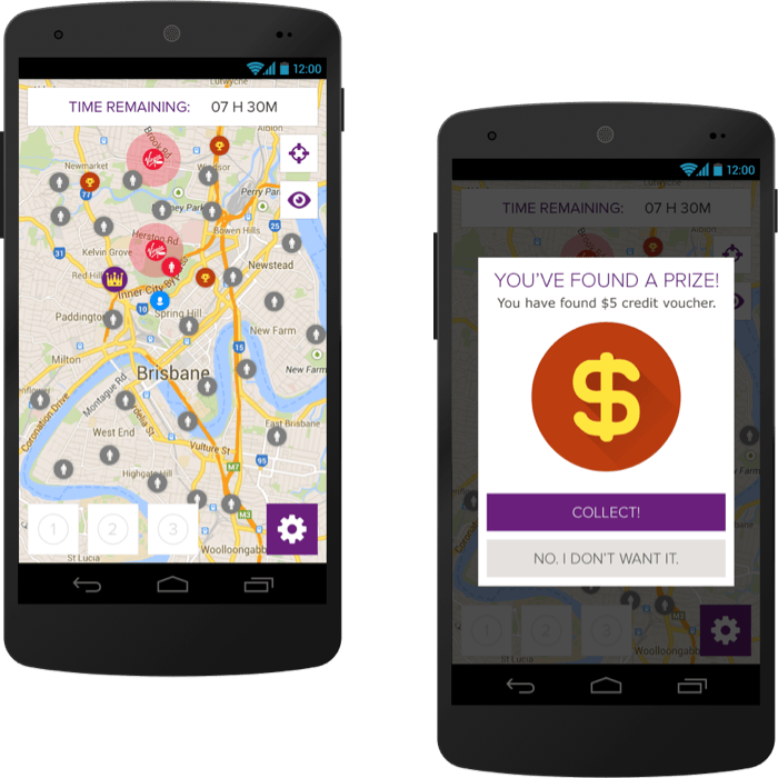 Two Android phones, one showing prizes pinned to a city map, the other a prize-found screen with a countdown.