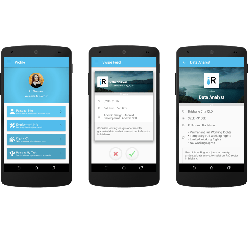 Three Android phones showing the iRecruit app: a profile screen, a job feed and a job detail page.