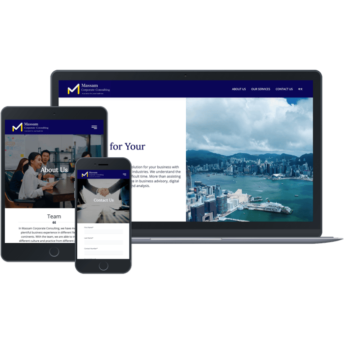 A laptop, tablet and phone showing the Massam site, headed by a photograph of a harbour skyline.