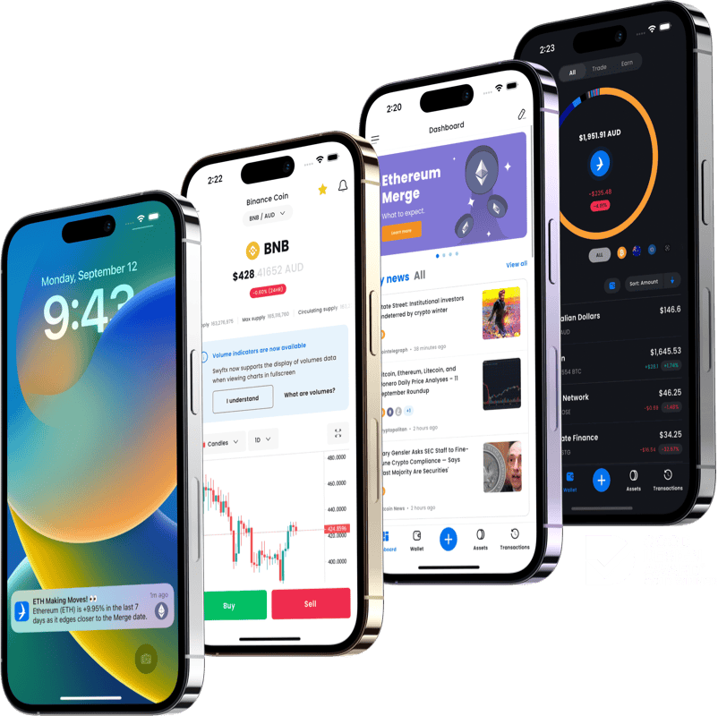 Four phones running the Swyftx app, showing the markets list, a news feed and a dark portfolio dashboard.