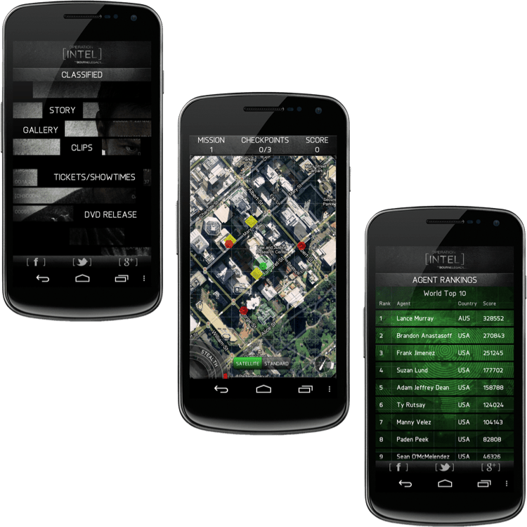 Two phones showing a dark satellite map view and a list of nearby targets.