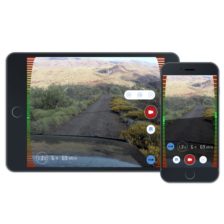 An iPad and iPhone recording a dirt track through scrub, with a tilt gauge and a speed and angle readout over the video.